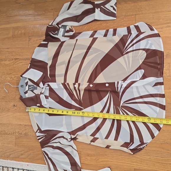 WORTHINGTON WOMEN'S BROWN & WHITE FRONT BUTTON LONG SLEEVE BLOUSE PETITE SMALL - Picture 13 of 16